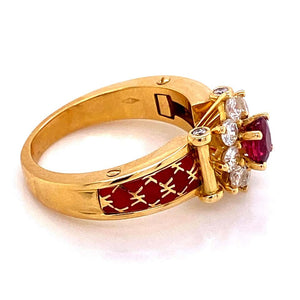 Ruby and Diamond Red Enamel Gold Ring Fine Estate Jewelry France