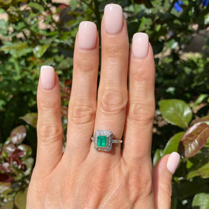 Emerald and Diamond Platinum Double Halo Cocktail Ring Estate Fine Jewelry