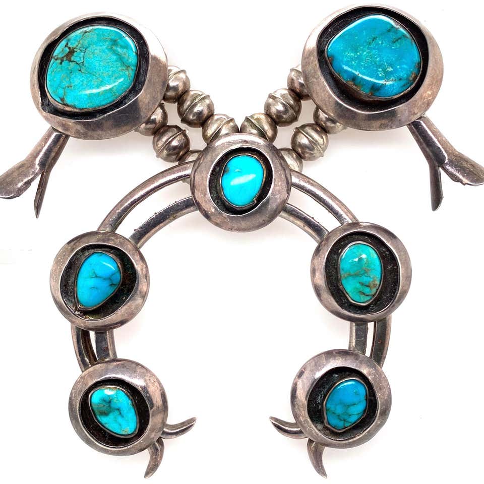 NATIVE AMERICAN STERLING TURQUOISE SQUASH BLOSSOM NECKLACE