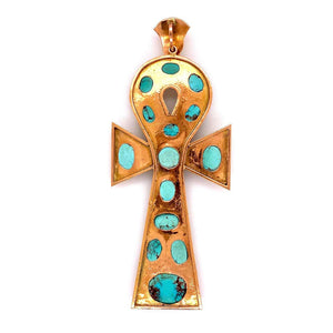 Large Sleeping Beauty Gold and Turquoise Statement Ankh Cross Pendant