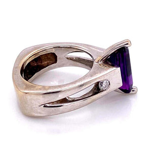 Step Cut Amethyst and Diamond Gold Tiberio Cocktail Ring Fine Estate Jewelry