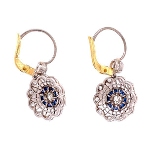 Sapphire and Diamond Art Deco Style Platinum Drop Earrings Fine Estate Jewelry