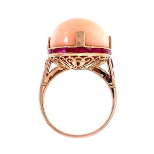 20 Carat Coral and Rubies Art Deco Style Gold Cocktail Ring Estate Fine Jewelry