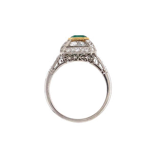 Emerald and Diamond Platinum Double Halo Cocktail Ring Estate Fine Jewelry