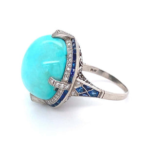 6.50 Carat Turquoise Diamond Sapphire Platinum Cocktail Ring Estate Fine Jewelry