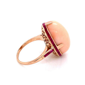20 Carat Coral and Rubies Art Deco Style Gold Cocktail Ring Estate Fine Jewelry