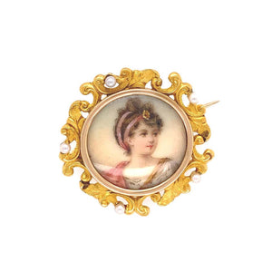 Victorian Hand Painted Portrait and Seed Pearl Gold Brooch Pin