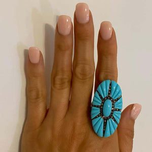 Large Turquoise and Diamond Star Burst Cocktail Ring Estate Fine Jewelry