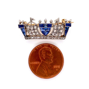 Edwardian Sapphire and Diamond Crown Heirloom Brooch Pin Estate Fine Jewelry