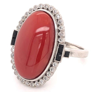 15.81 Carat Deep Red Coral Onyx Art Deco Style Platinum Ring Estate Fine Jewelry