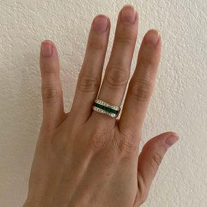 Muzo Emerald and Asscher Cut Diamond Gold Band Cocktail Ring Estate Fine Jewelry