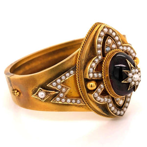 Garnet and Pearl Victorian Gold Cuff Bangle Bracelet Estate Fine Jewelry