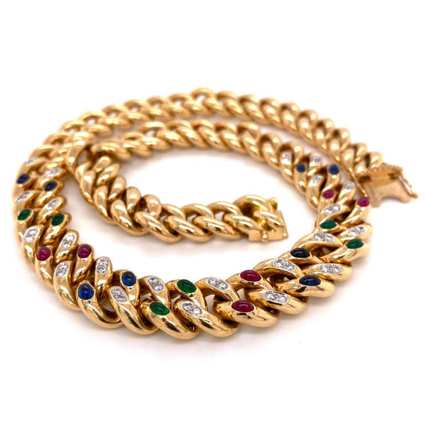 Diamond, Emerald, Sapphire and Ruby Curb Link Gold Necklace Fine Estate Jewelry
