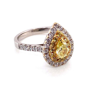 Yellow Diamond and White Diamond Double Halo Cocktail Ring Fine Estate Jewelry