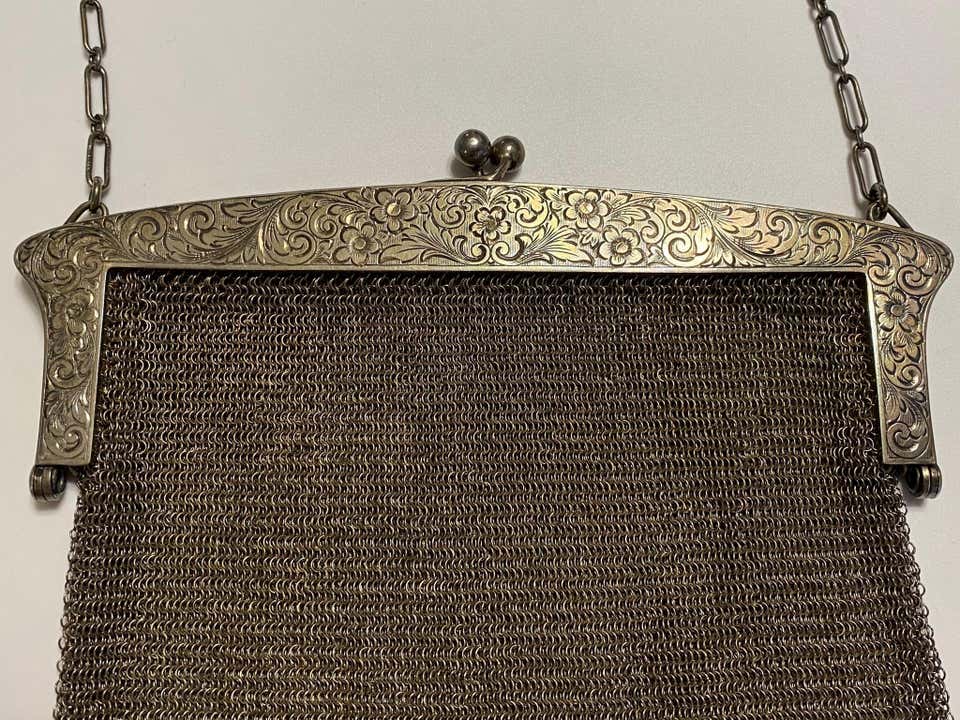 antique enamel metal mesh purse ornate pierced frame, Mandalian or Whiting  & Davis