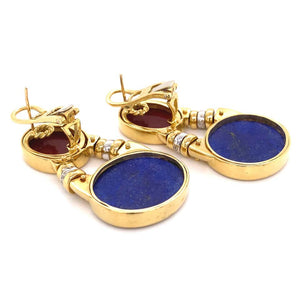Carved Carnelian Lapis Lazuli and Diamond Dangle Earrings Estate Fine Jewelry