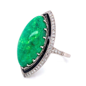 Art Deco Revival Turquoise Enamel and Diamond Platinum Ring Estate Fine Jewelry