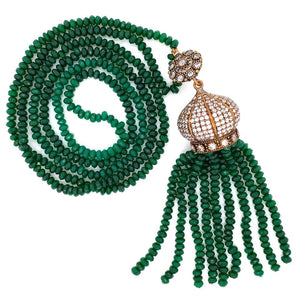 Designer Faux Green Jade and Diamante Long Gilt Necklace Fine Estate Jewelry