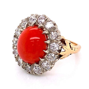 2 Carat Coral and Diamond Gold Cocktail Ring Fine Estate Jewelry
