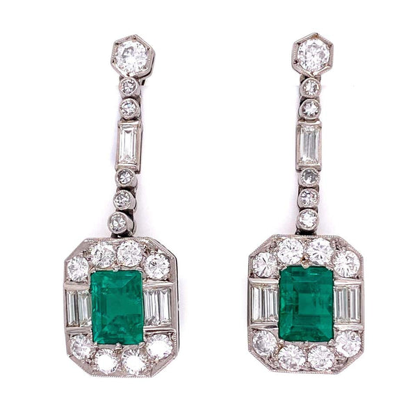 Emerald and Diamond Platinum Retro Drop Earrings Estate Fine Jewelry