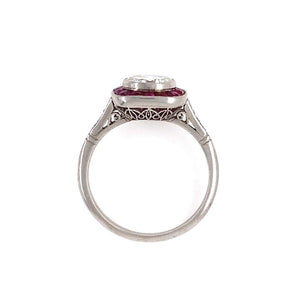 Diamond and Rubies Platinum Halo Art Deco Style Ring Estate Fine Jewelry