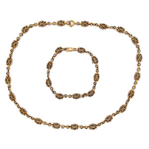 Fancy Link Necklace and Bracelet Platinum and 18 Karat Gold Estate Fine Jewelry