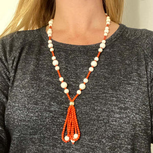 Natural Red and Natural White Coral Beads Necklace Estate Fine Jewelry