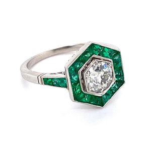 Emerald and Diamond Hexagon Art Deco Style Platinum Ring Fine Estate Jewelry