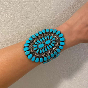 Sterling Native American Zuni Old Pawn Turquoise Inlay Cuff Bracelet