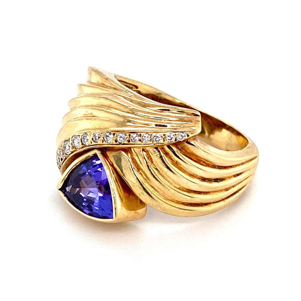 2.50 Carat Trillion Tanzanite and Diamond Gold Cocktail Ring Estate Fine Jewelry