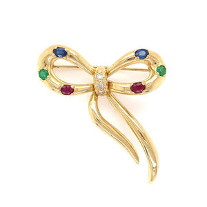 Diamond Emerald Ruby Sapphire Ribbon Bow Gold Brooch Pin Estate Fine Jewelry