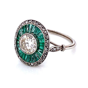 Diamond and Emerald Art Deco Style Cocktail Platinum Ring Estate Fine Jewelry