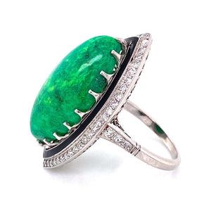 Art Deco Revival Turquoise Enamel and Diamond Platinum Ring Estate Fine Jewelry