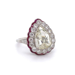 1.75 Carat Pear Diamond and Rubies Platinum Cocktail Ring Estate Fine Jewelry