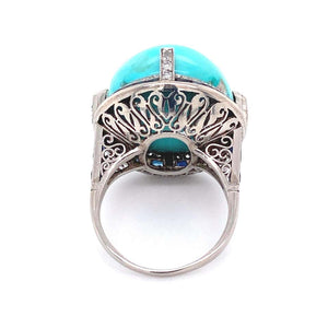 6.50 Carat Turquoise Diamond Sapphire Platinum Cocktail Ring Estate Fine Jewelry