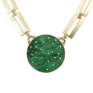 Carved Jade and Carnelian Retro Gold Collar Necklace Estate Fine Jewelry