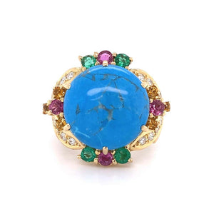 5.5 Carat Turquoise Diamond Emerald Ruby Gold Cocktail Ring Estate Fine Jewelry