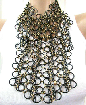 Signed VALENTINO Designer Black and Golden Link Chain Bib Necklace Italy